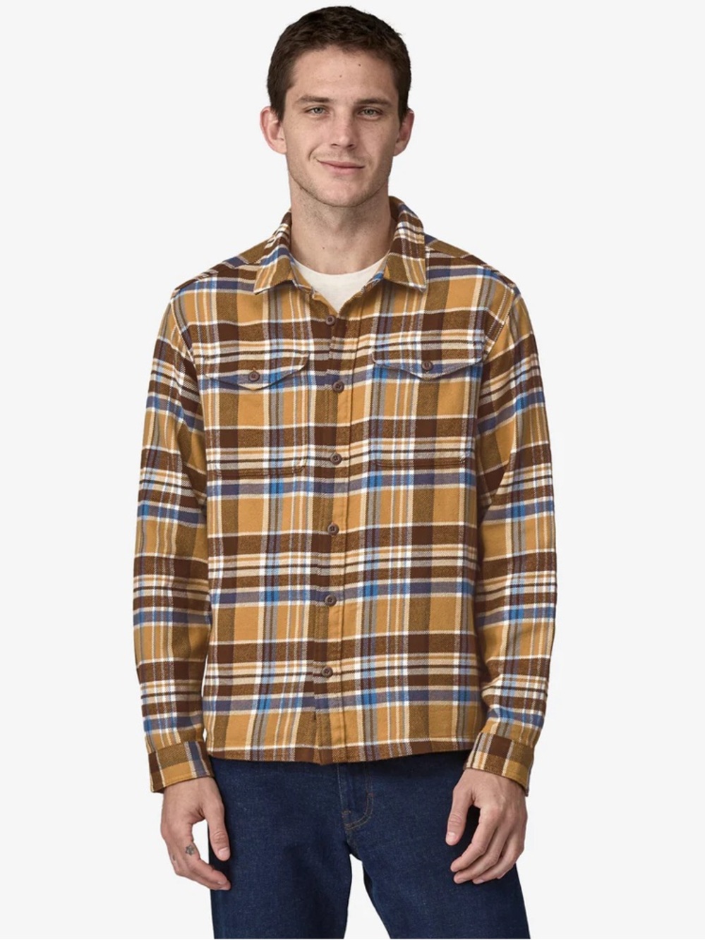 Patagonia Tan Blue Plaid Fjord Flannel Button Down Shirt Eclipse XL